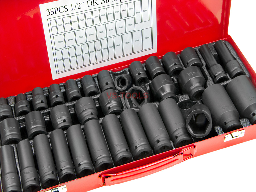 35pcs 1/2in Drive Deep Shallow Impact Wrench Socket 8-32mm